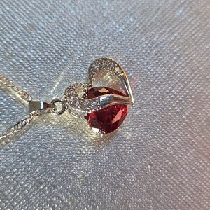 Elegant 18k White Gold Plate and Red Heart Pendant Necklace
